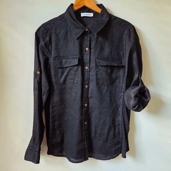 EUC CALVIN KLEIN BLACK 100% LINEN BLACK BUTTON DOWN SHIRT SIZE M - Picture 1 of 13